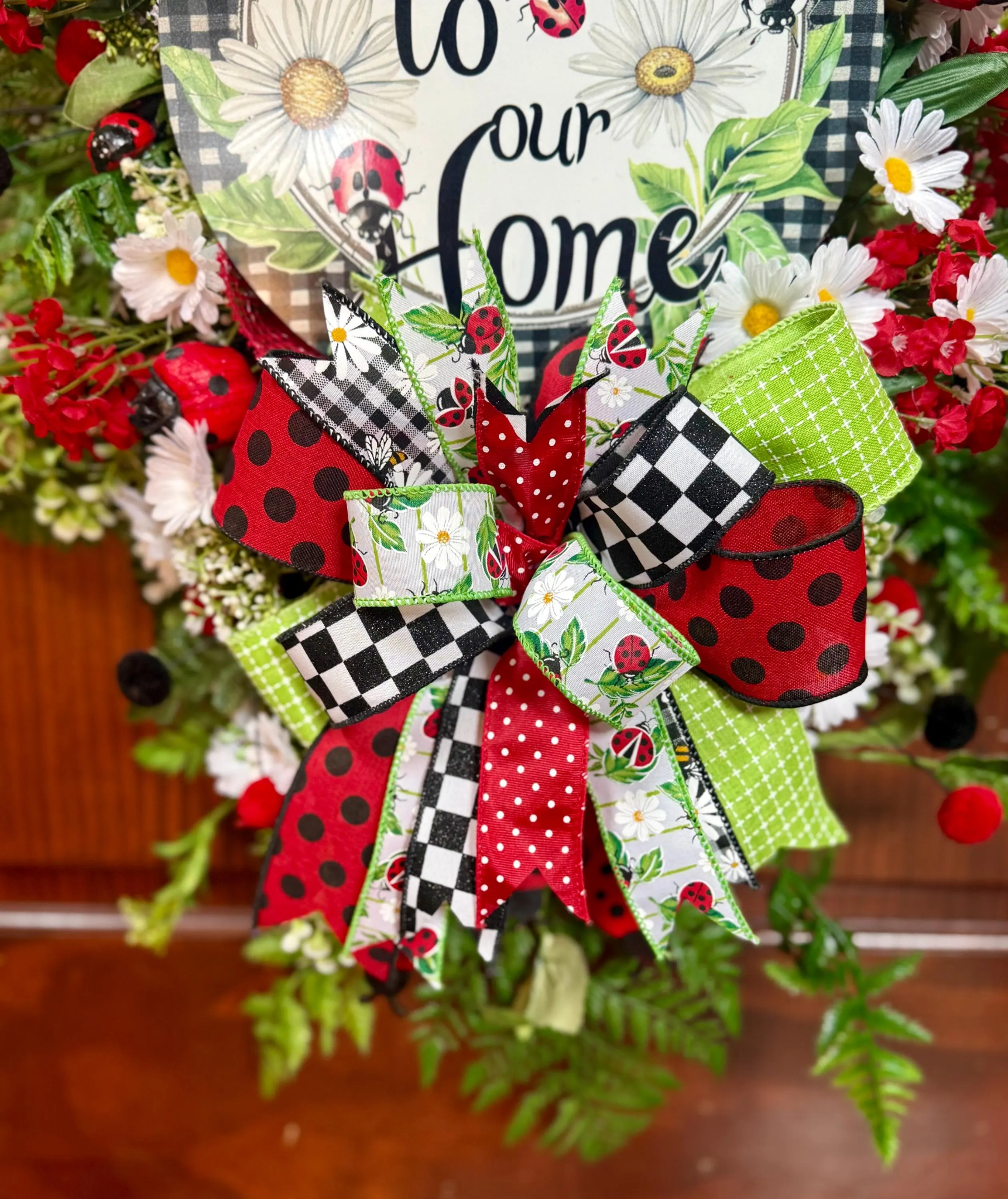 Ladybug Summer Wreath for Front Door | Large Red & Black Welcome Wreath with Daisies | Handmade Farmhouse Door Decor