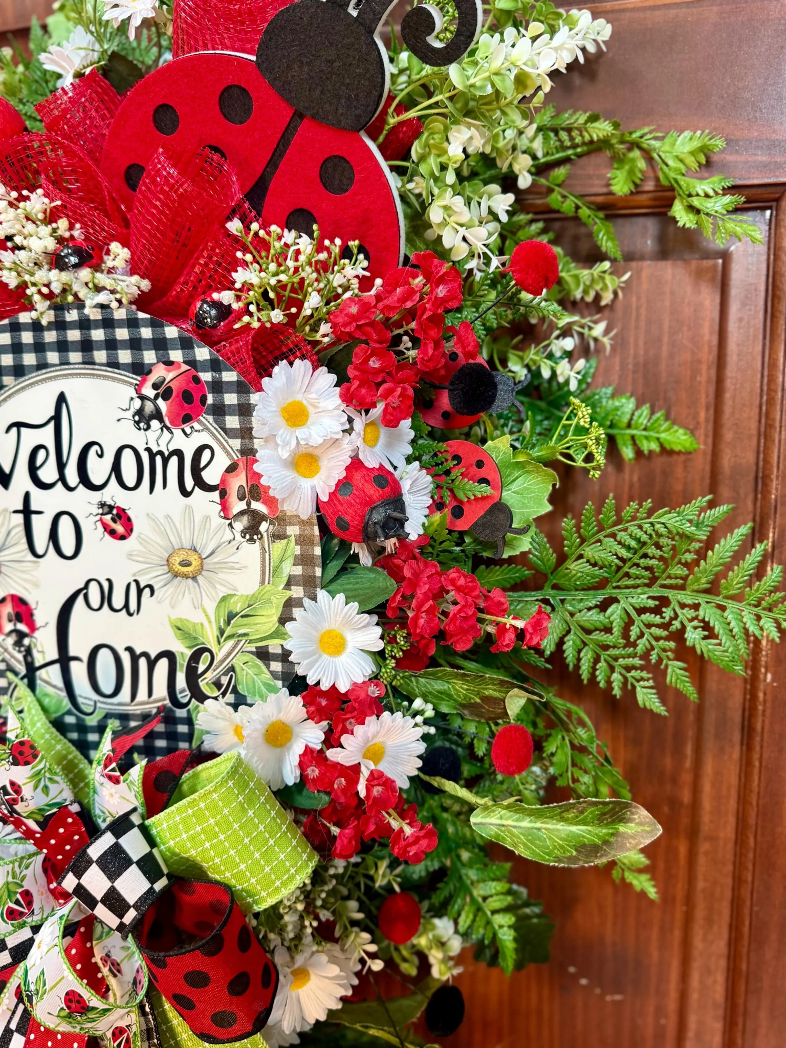 Ladybug Summer Wreath for Front Door | Large Red & Black Welcome Wreath with Daisies | Handmade Farmhouse Door Decor