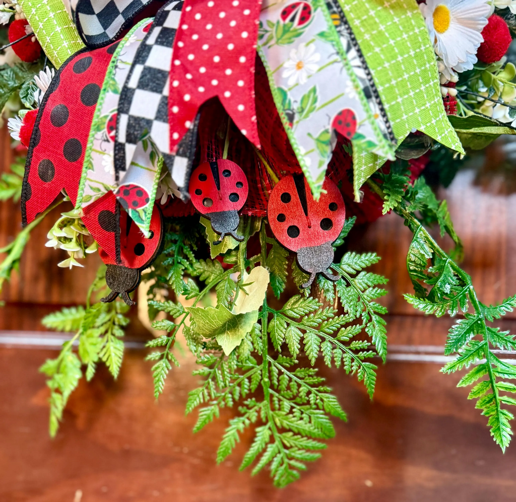 Ladybug Summer Wreath for Front Door | Large Red & Black Welcome Wreath with Daisies | Handmade Farmhouse Door Decor
