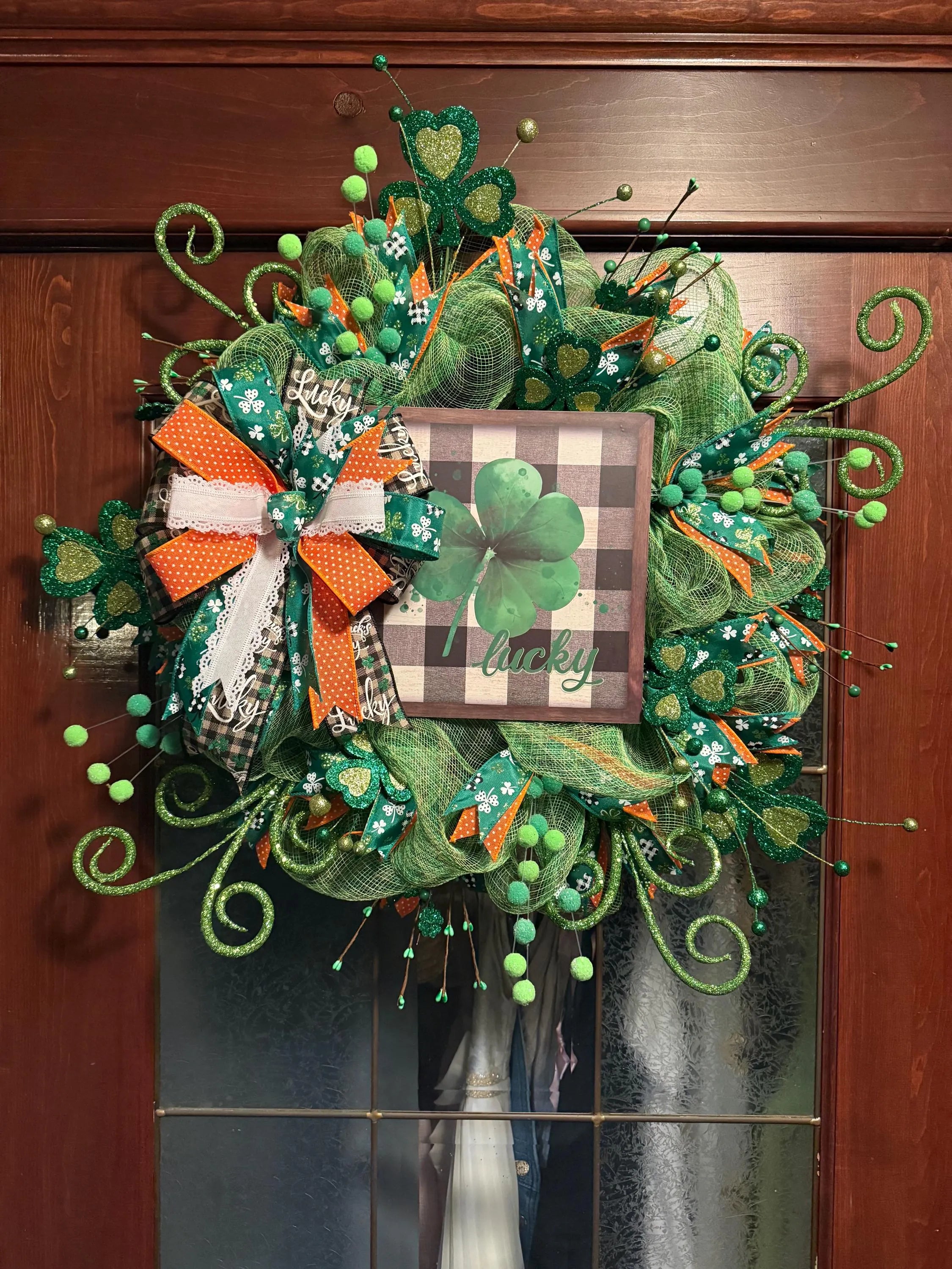 St. Patrick’s Day Lucky Wreath, Green Shamrock Door Wreath, St Paddy’s Day Decor, Irish Holiday Mesh Wreath, Spring Front Door Decoration