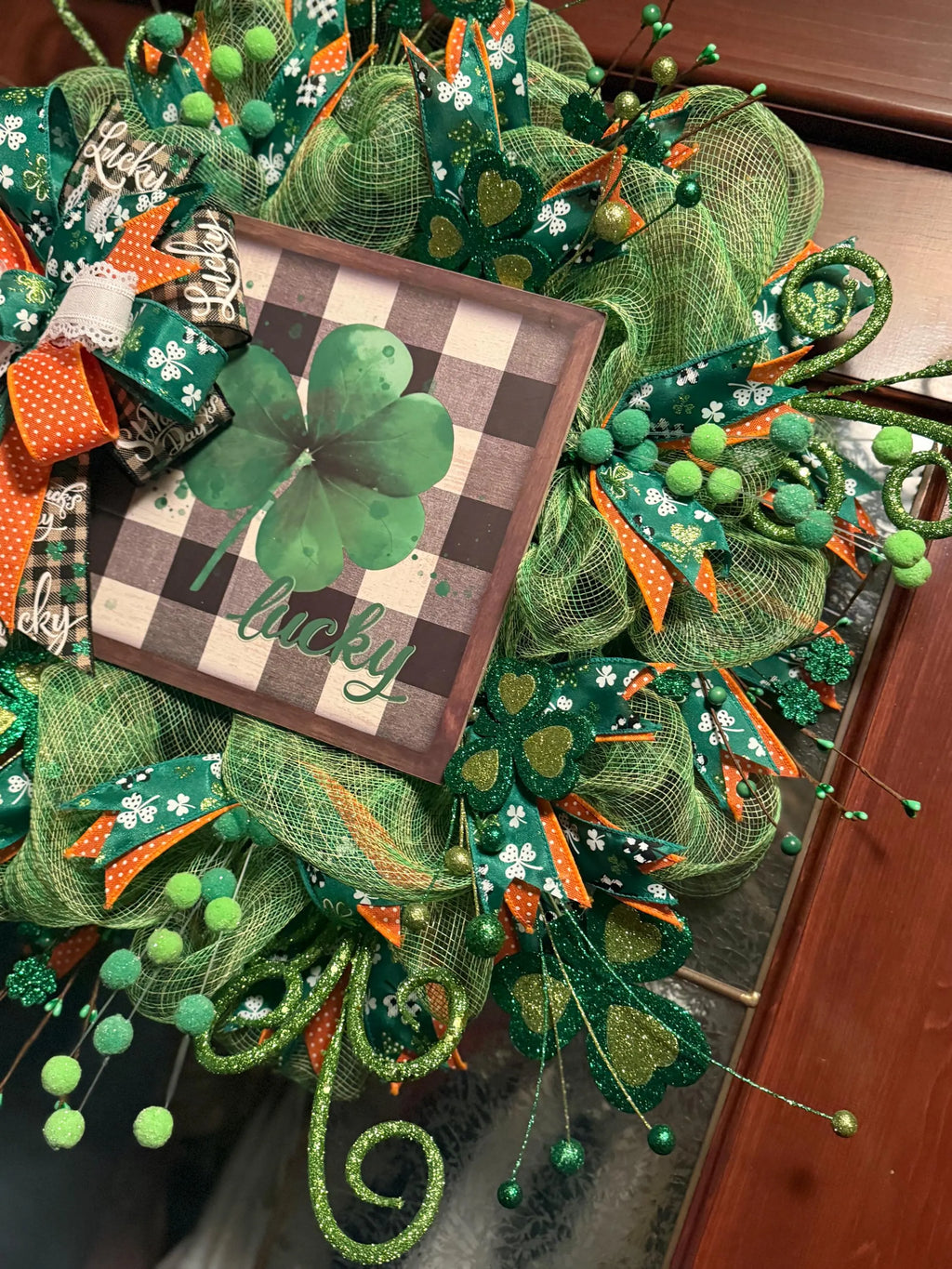 St. Patrick’s Day Lucky Wreath, Green Shamrock Door Wreath, St Paddy’s Day Decor, Irish Holiday Mesh Wreath, Spring Front Door Decoration