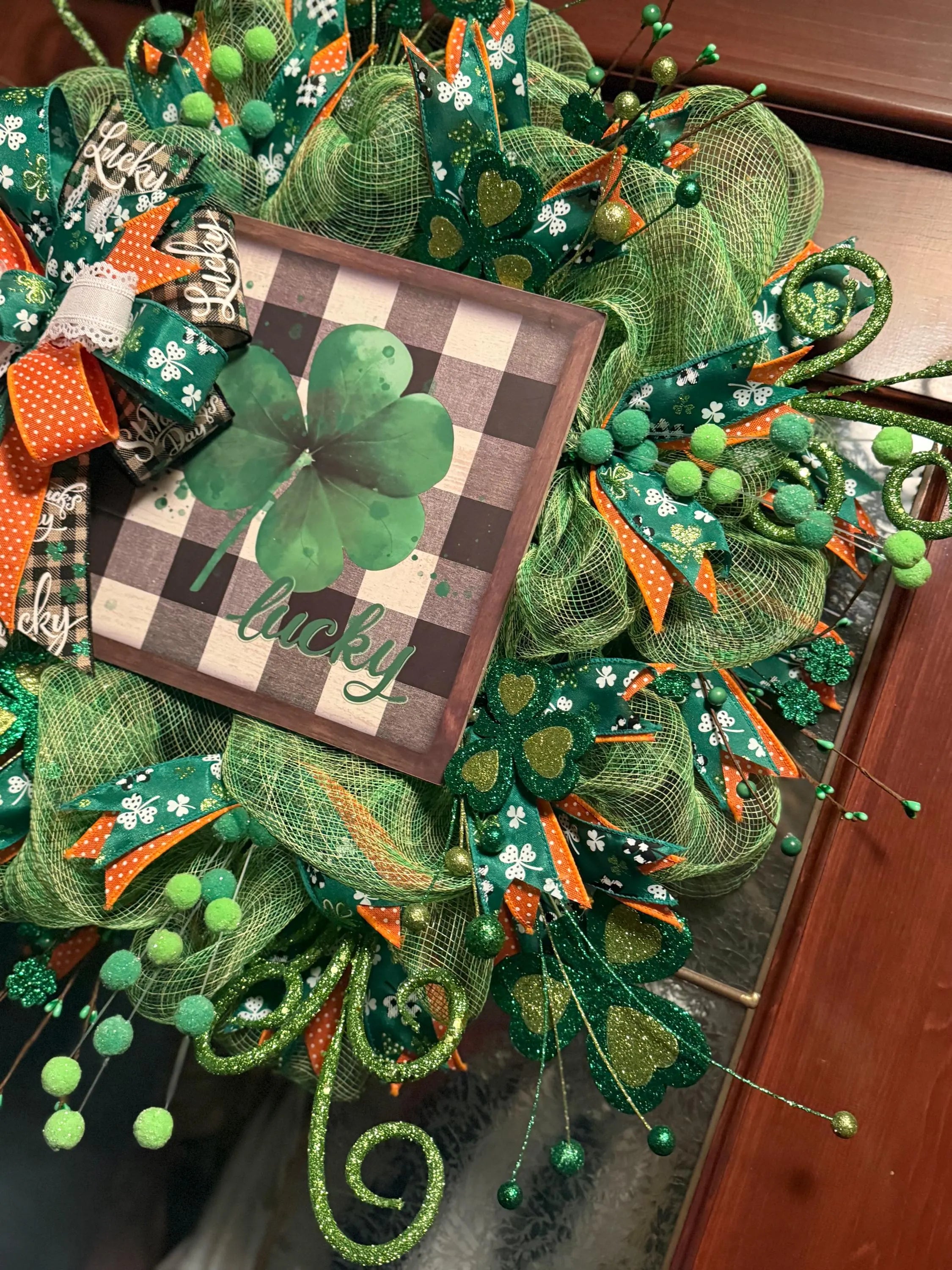 St. Patrick’s Day Lucky Wreath, Green Shamrock Door Wreath, St Paddy’s Day Decor, Irish Holiday Mesh Wreath, Spring Front Door Decoration
