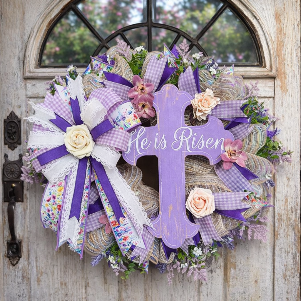He Is Risen Cross Wreath, Purple Christian Easter Door Decor