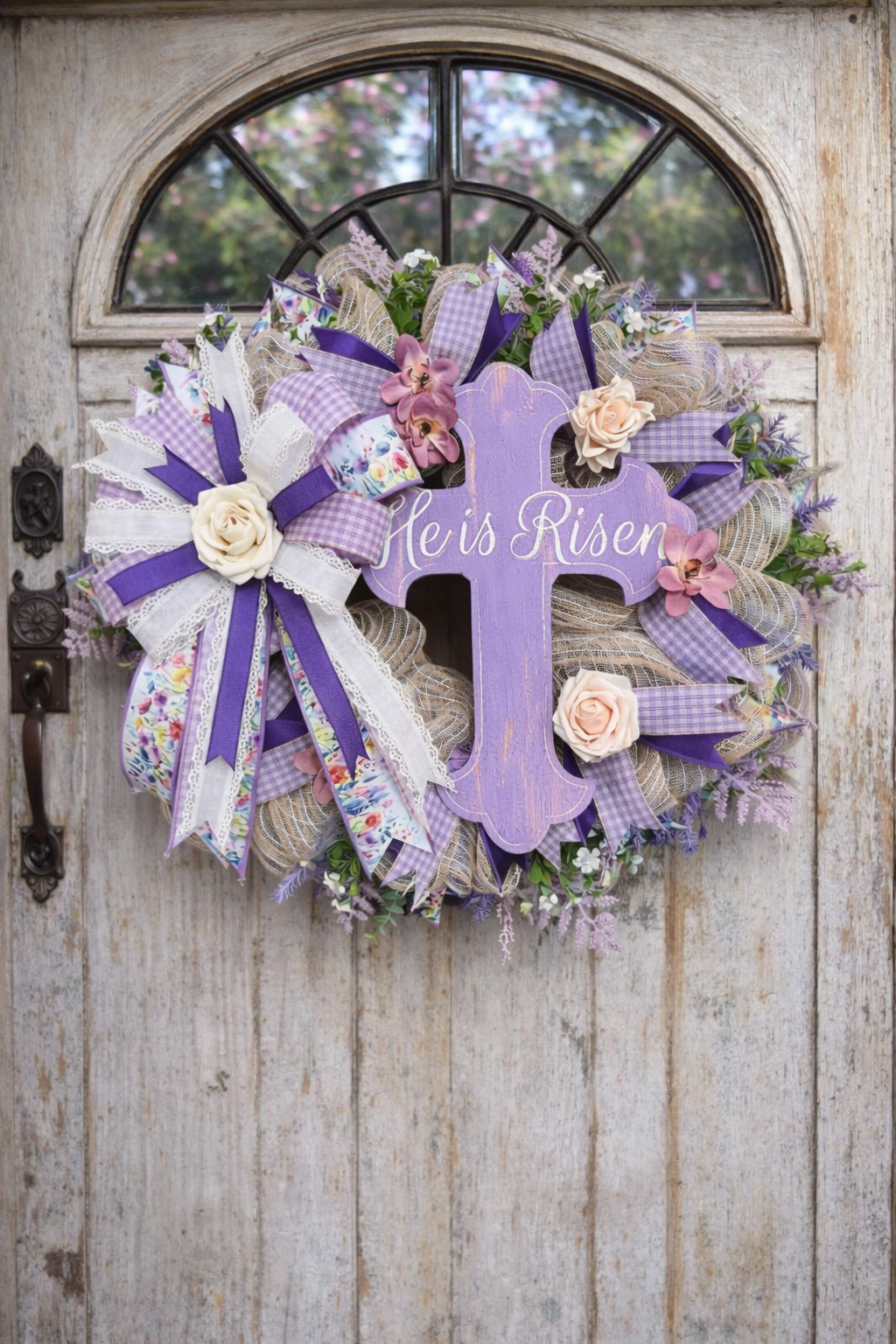 He Is Risen Cross Wreath, Purple Christian Easter Door Decor