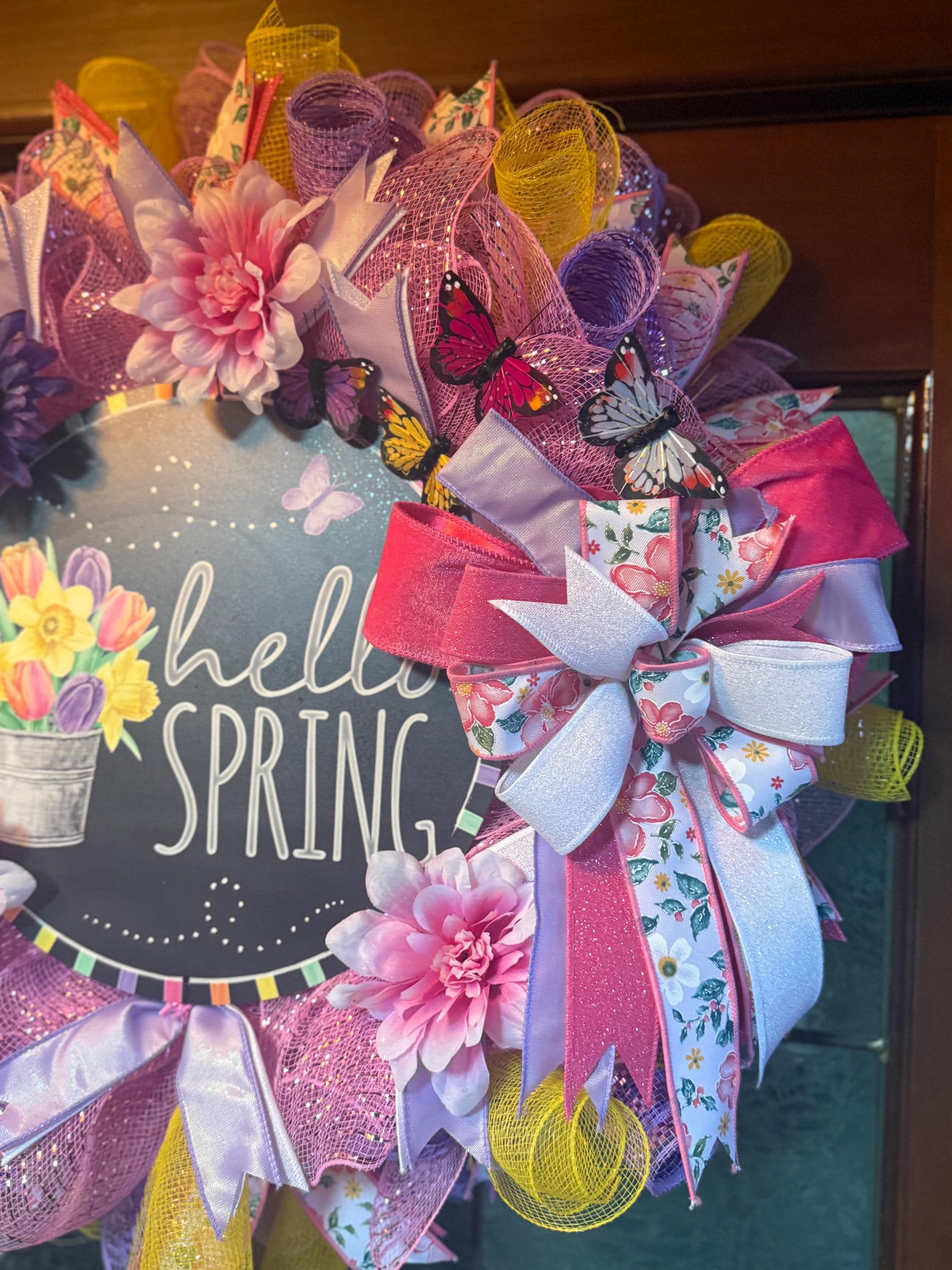 Handmade Hello Spring Wreath, Pink Purple Floral, Butterfly Decor
