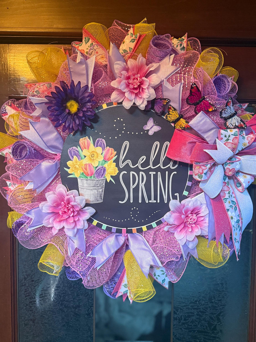 Handmade Hello Spring Wreath, Pink Purple Floral, Butterfly Decor
