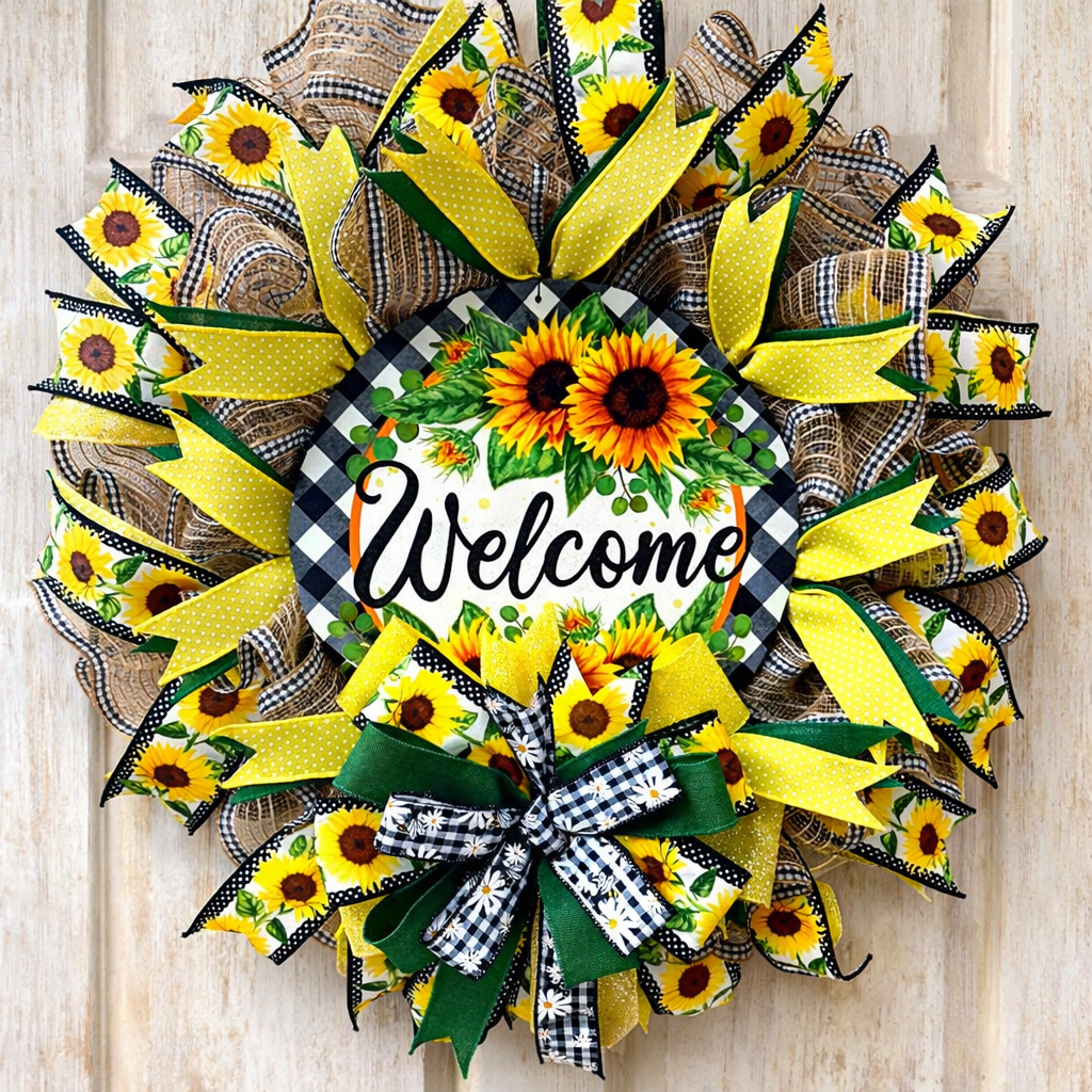 Sunflower Welcome Wreath | Farmhouse Buffalo Plaid Door Hanger