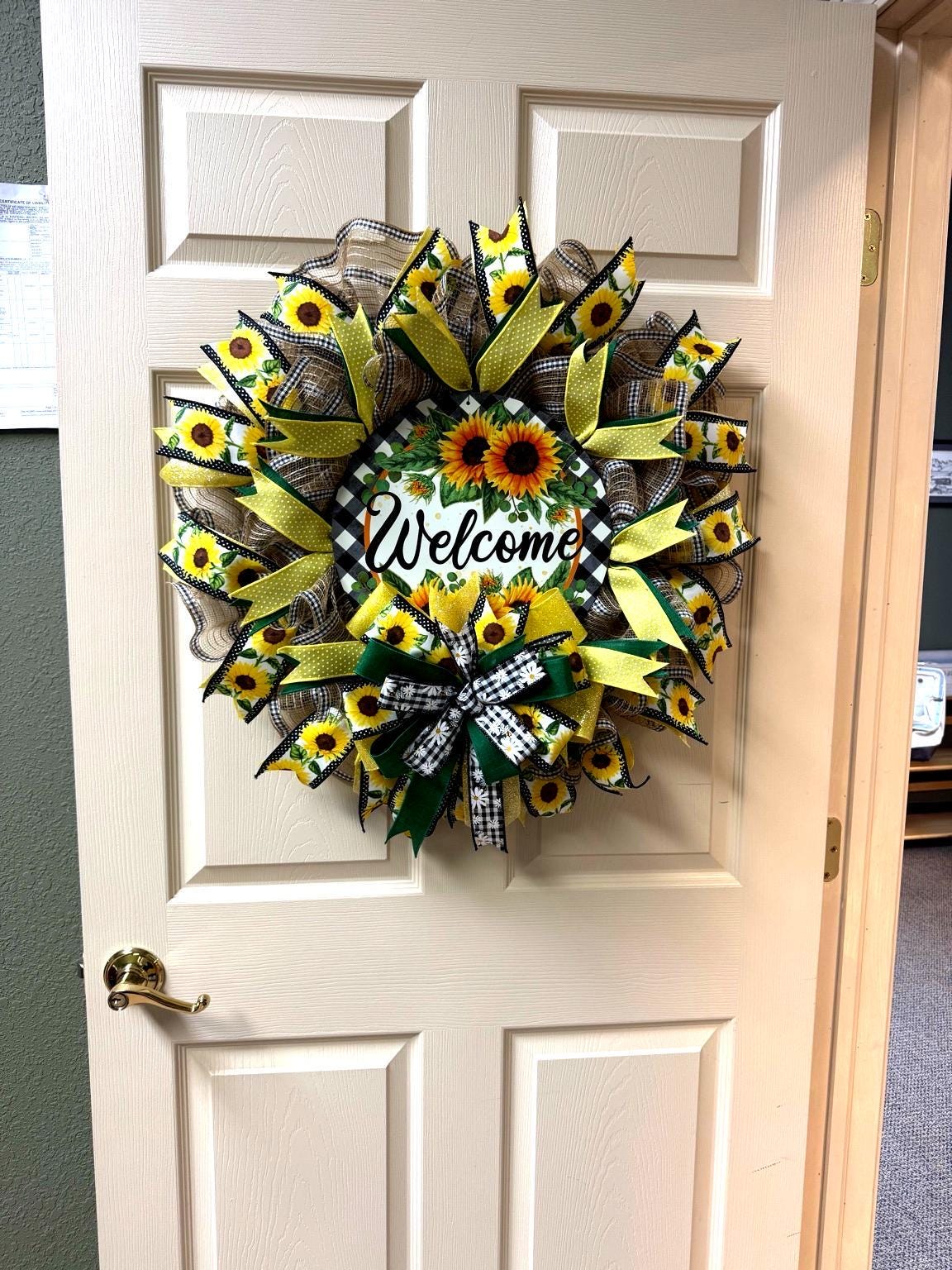 Sunflower Welcome Wreath | Farmhouse Buffalo Plaid Door Hanger