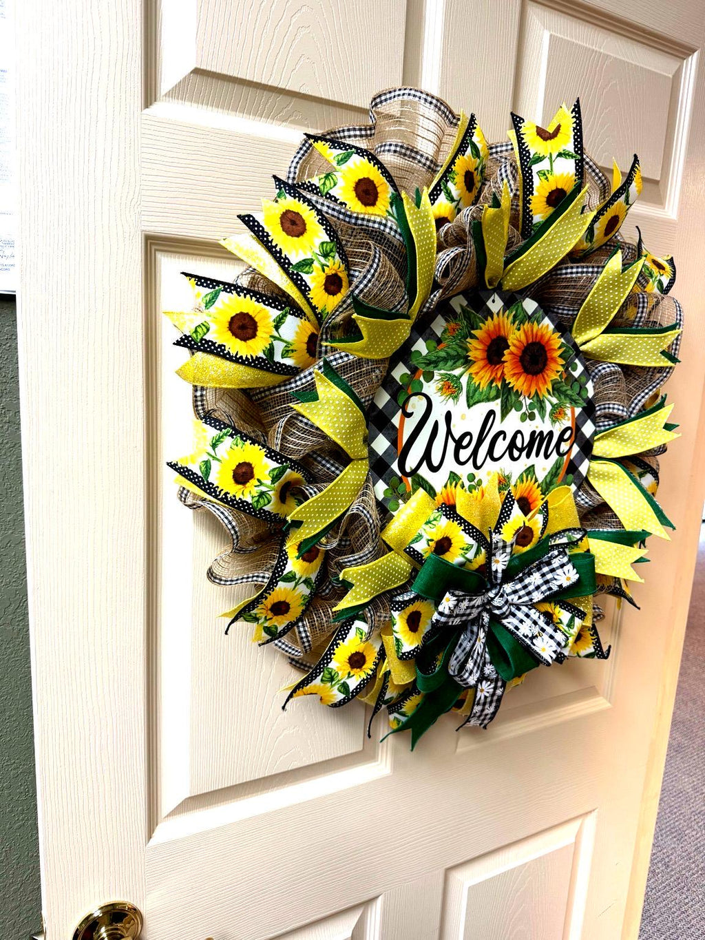 Sunflower Welcome Wreath | Farmhouse Buffalo Plaid Door Hanger