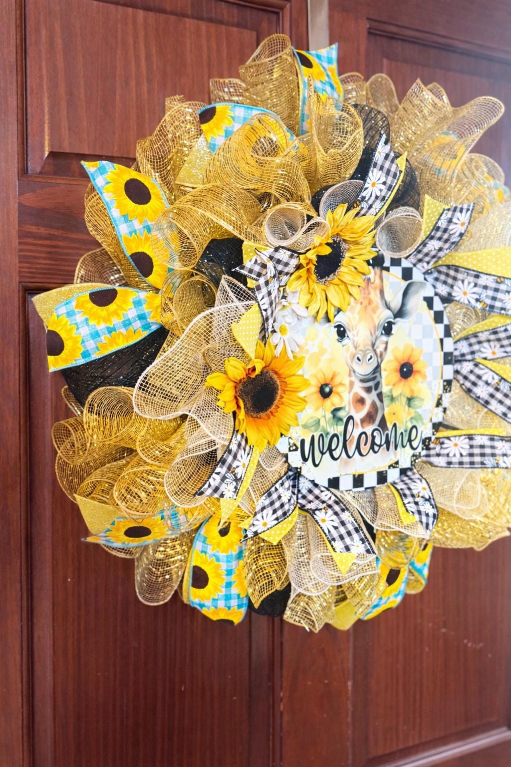 Sunflower Giraffe Welcome Wreath | Farmhouse Front Door Decor | Summer Mesh Wreath |