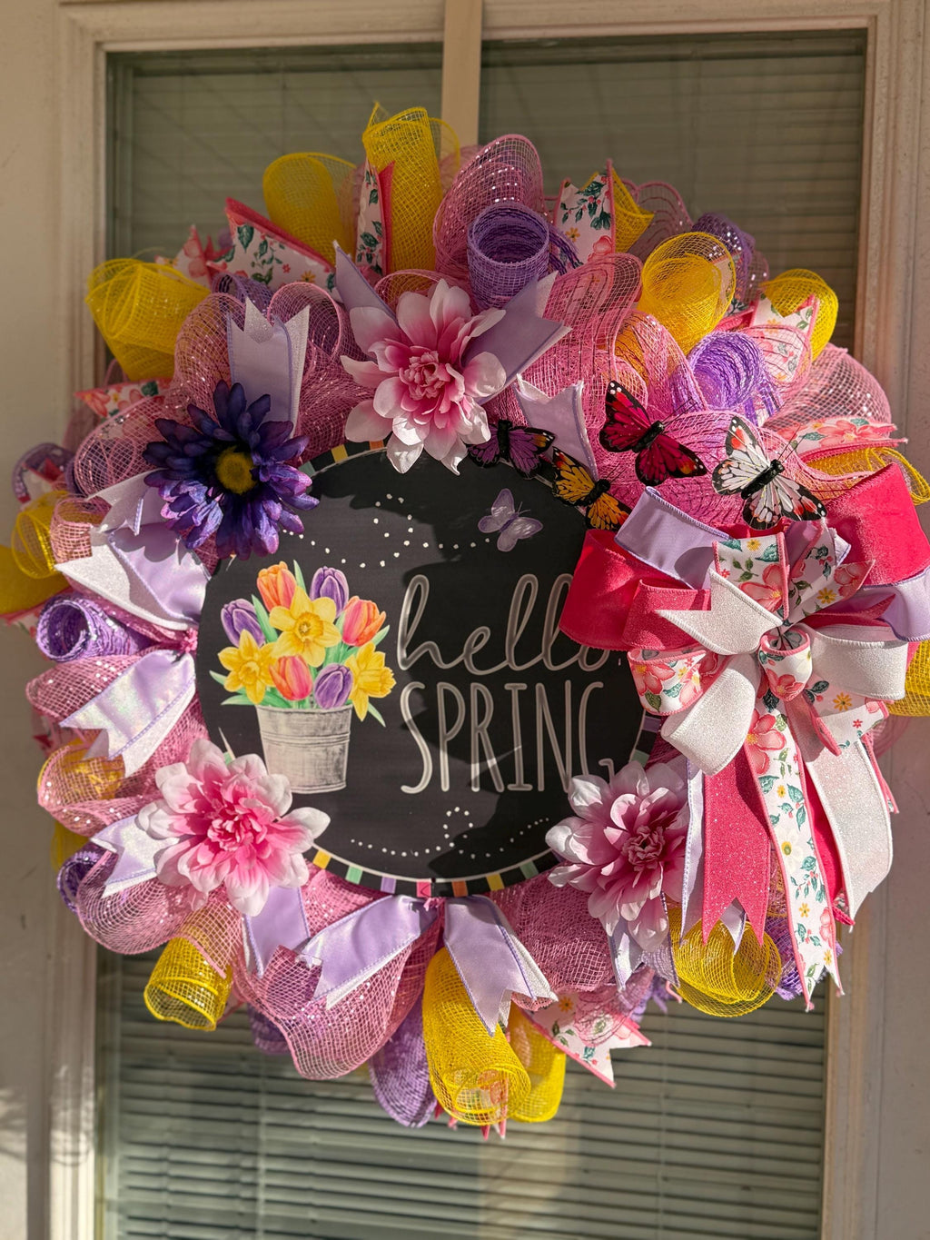 Handmade Hello Spring Wreath, Pink Purple Floral, Butterfly Decor