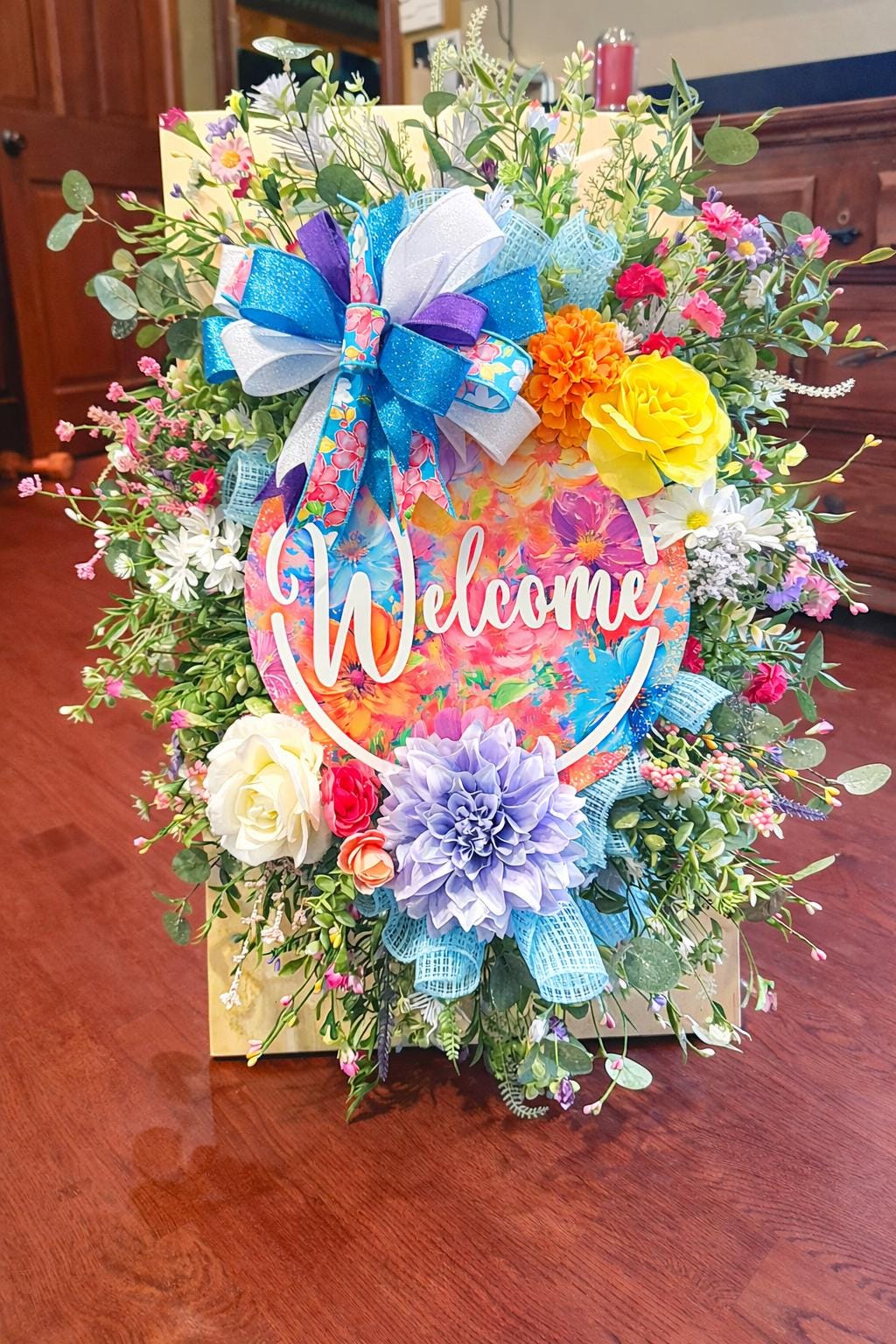 Handmade Floral Welcome Wreath | Colorful Spring Door Decor
