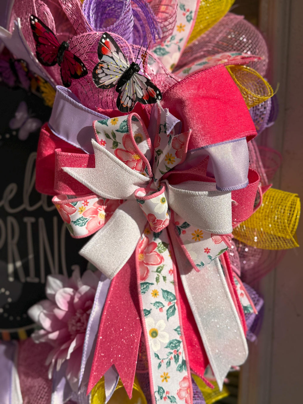 Handmade Hello Spring Wreath, Pink Purple Floral, Butterfly Decor