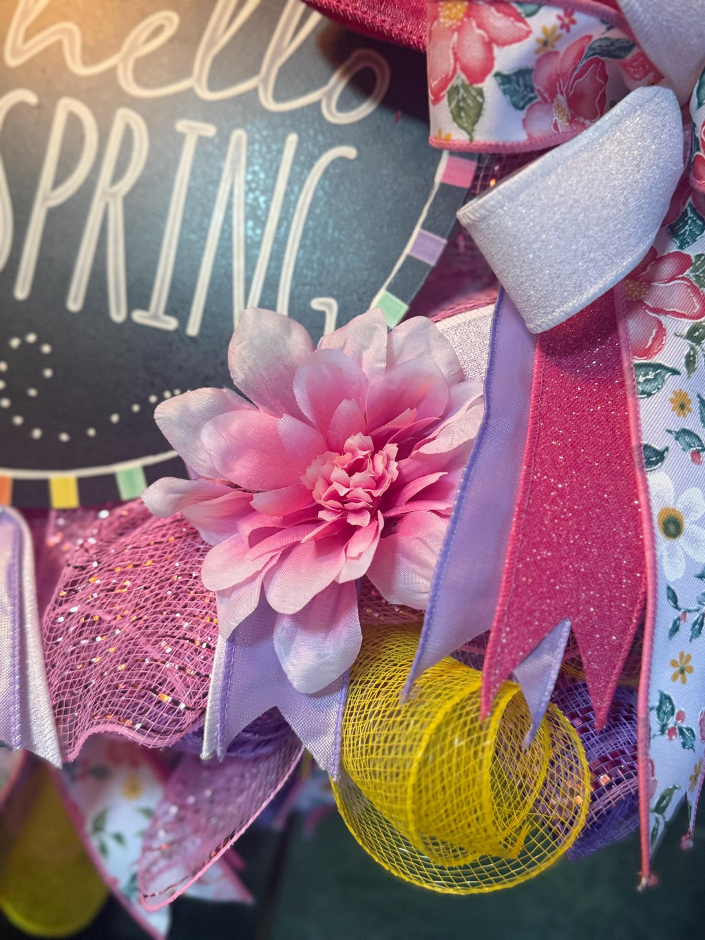 Handmade Hello Spring Wreath, Pink Purple Floral, Butterfly Decor