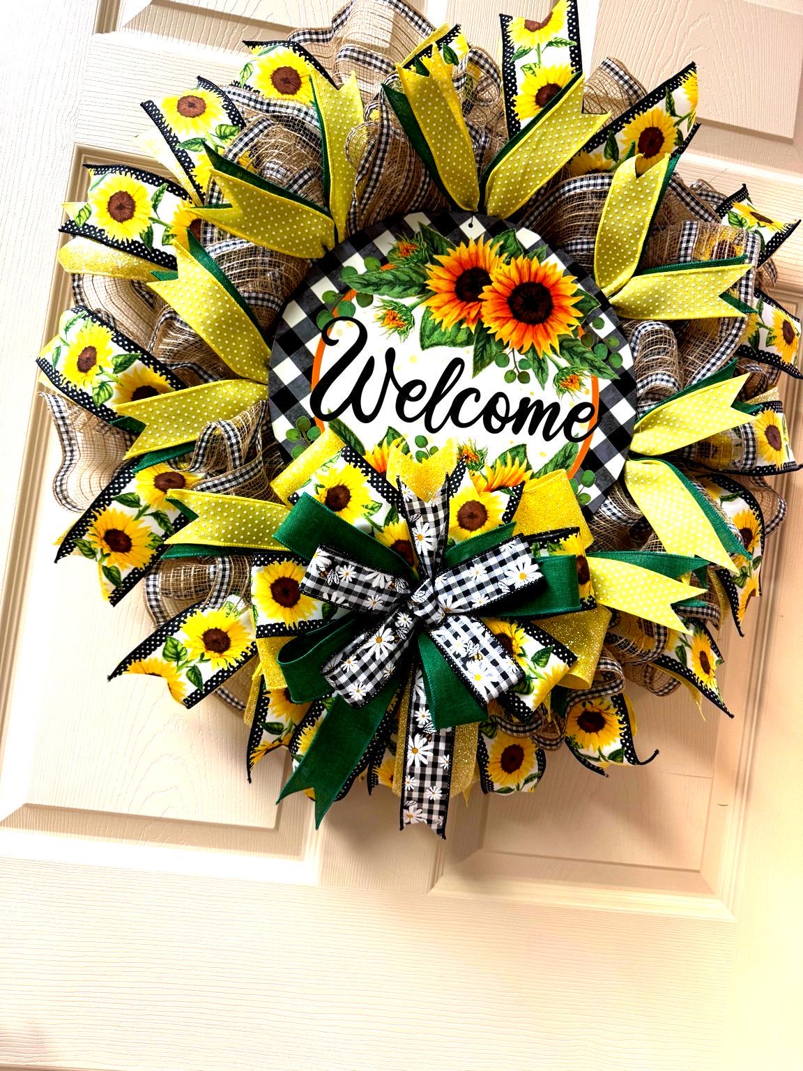Sunflower Welcome Wreath | Farmhouse Buffalo Plaid Door Hanger