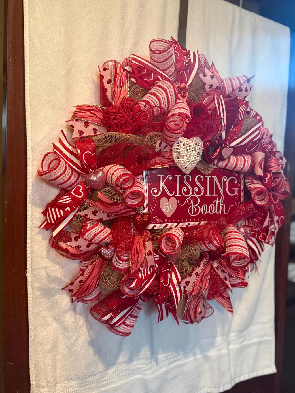 Kissing Booth Valentine’s Day Wreath – Red & Pink Deco Mesh Heart Front Door Decor