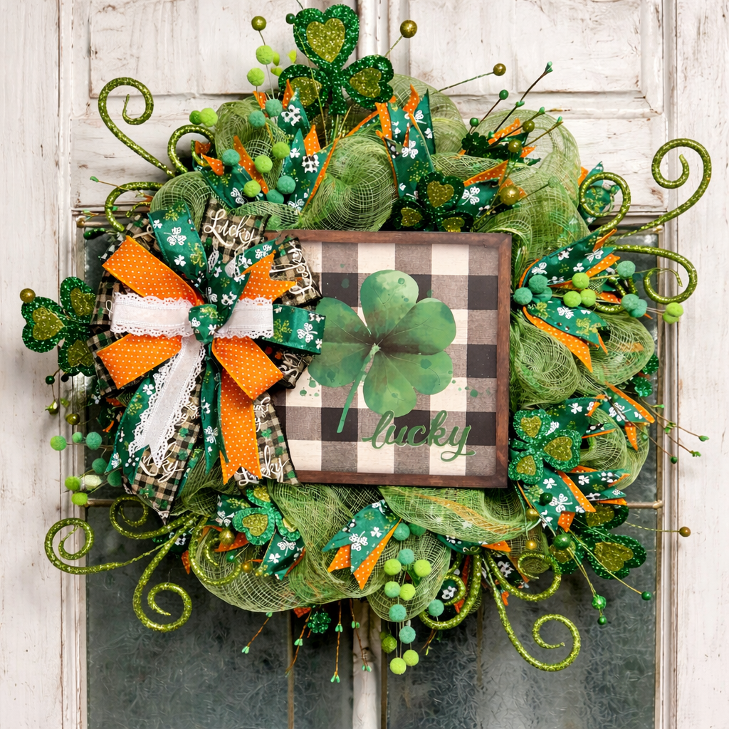 St. Patrick’s Day Lucky Wreath, Green Shamrock Door Wreath, St Paddy’s Day Decor, Irish Holiday Mesh Wreath, Spring Front Door Decoration