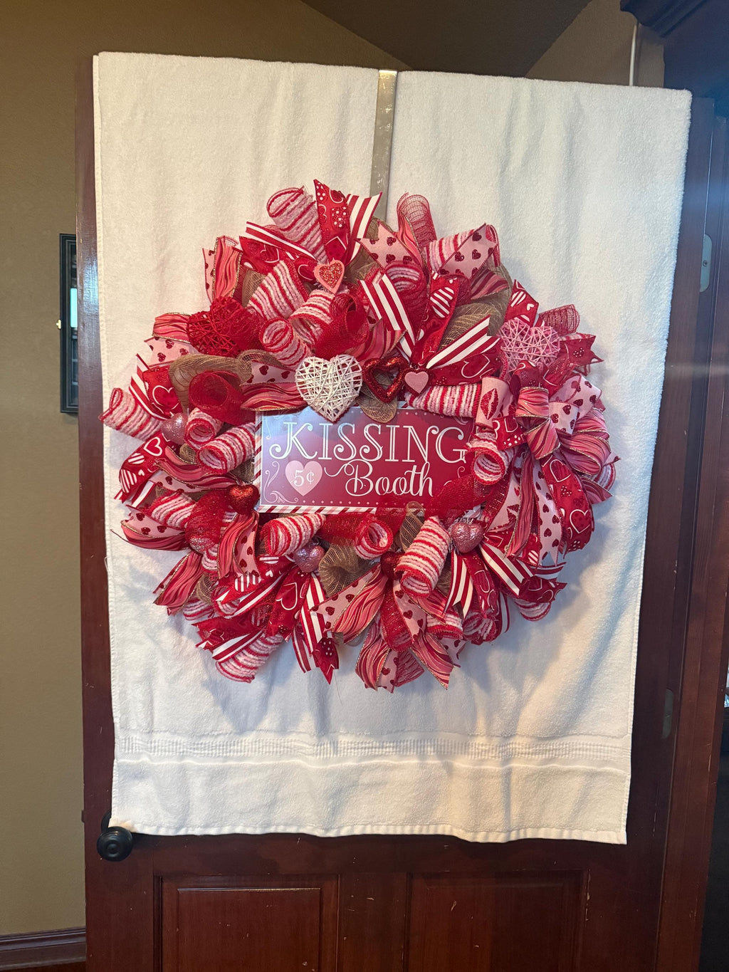Kissing Booth Valentine’s Day Wreath – Red & Pink Deco Mesh Heart Front Door Decor