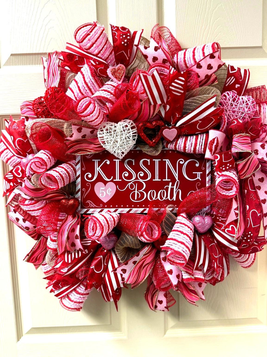 Kissing Booth Valentine’s Day Wreath – Red & Pink Deco Mesh Heart Front Door Decor