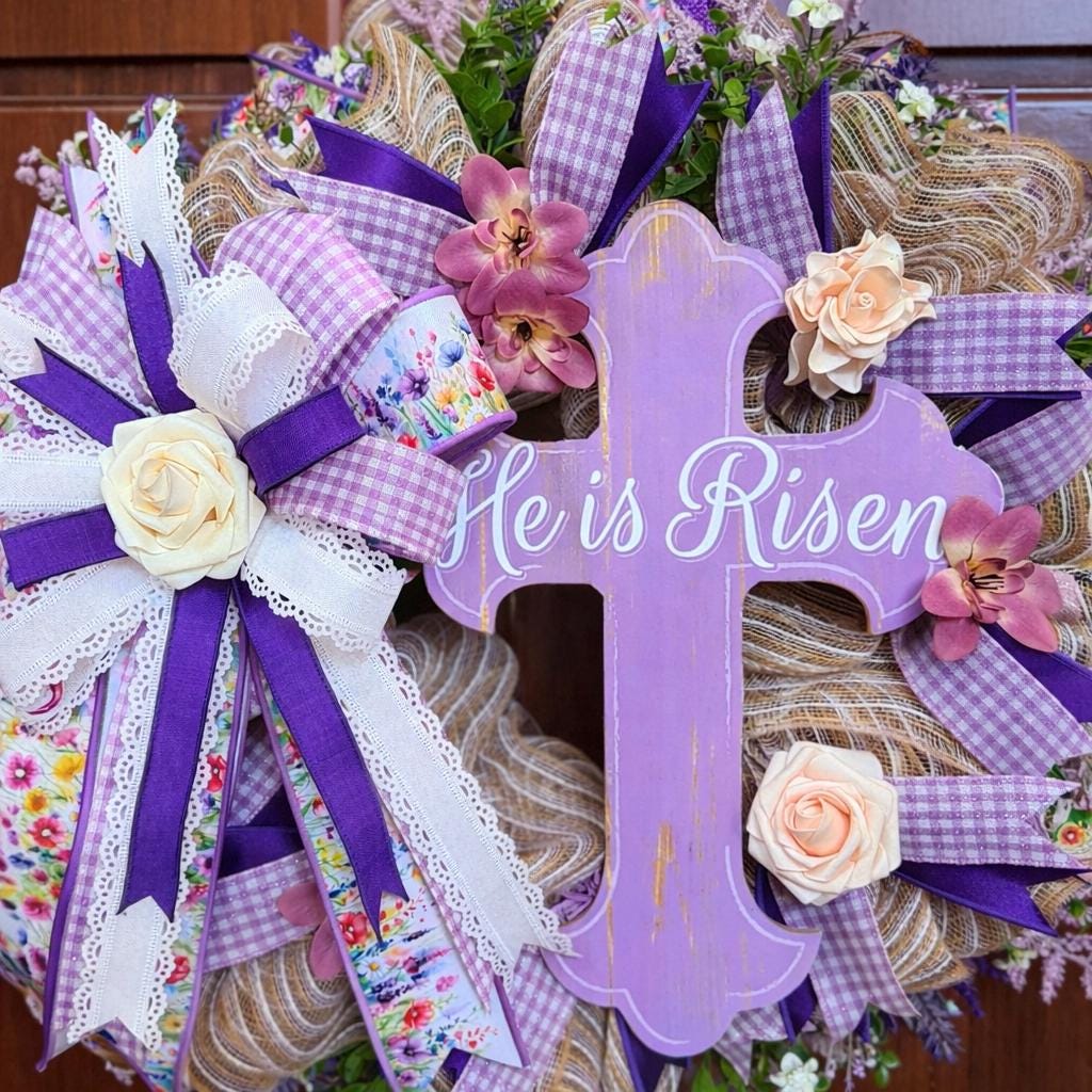 He Is Risen Cross Wreath, Purple Christian Easter Door Decor