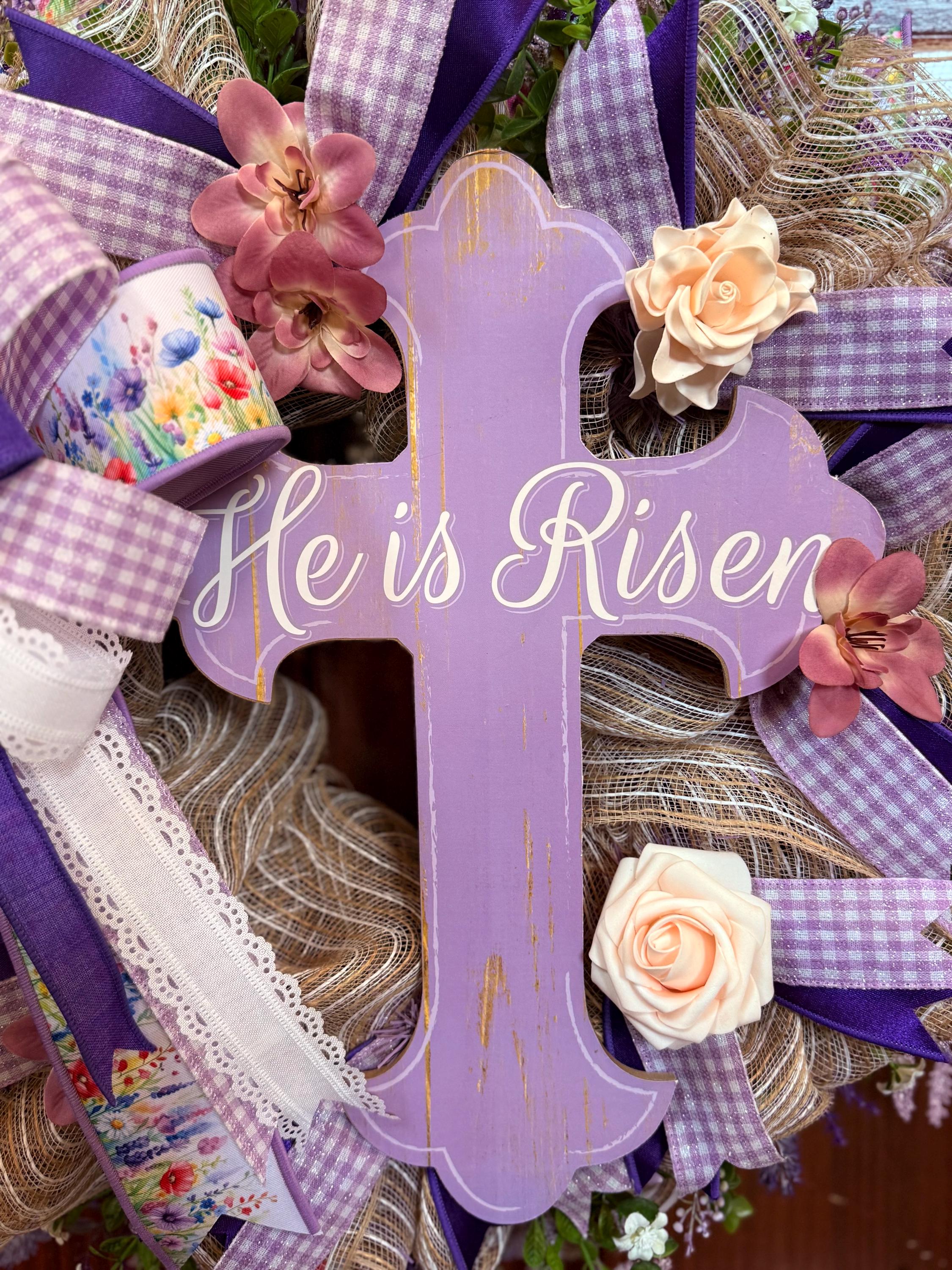 He Is Risen Cross Wreath, Purple Christian Easter Door Decor