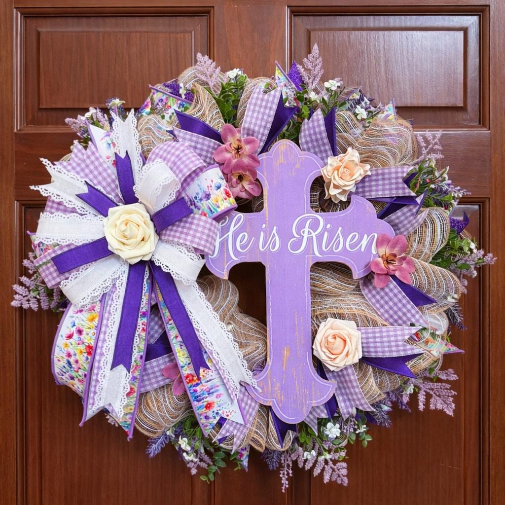 He Is Risen Cross Wreath, Purple Christian Easter Door Decor