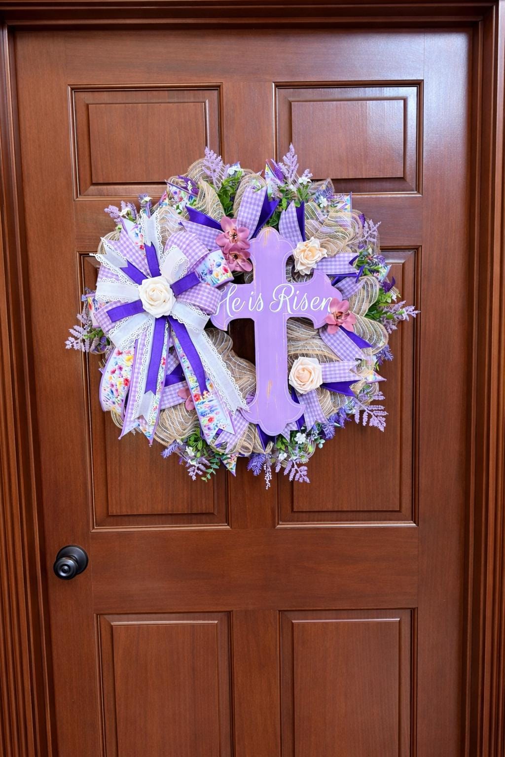 He Is Risen Cross Wreath, Purple Christian Easter Door Decor