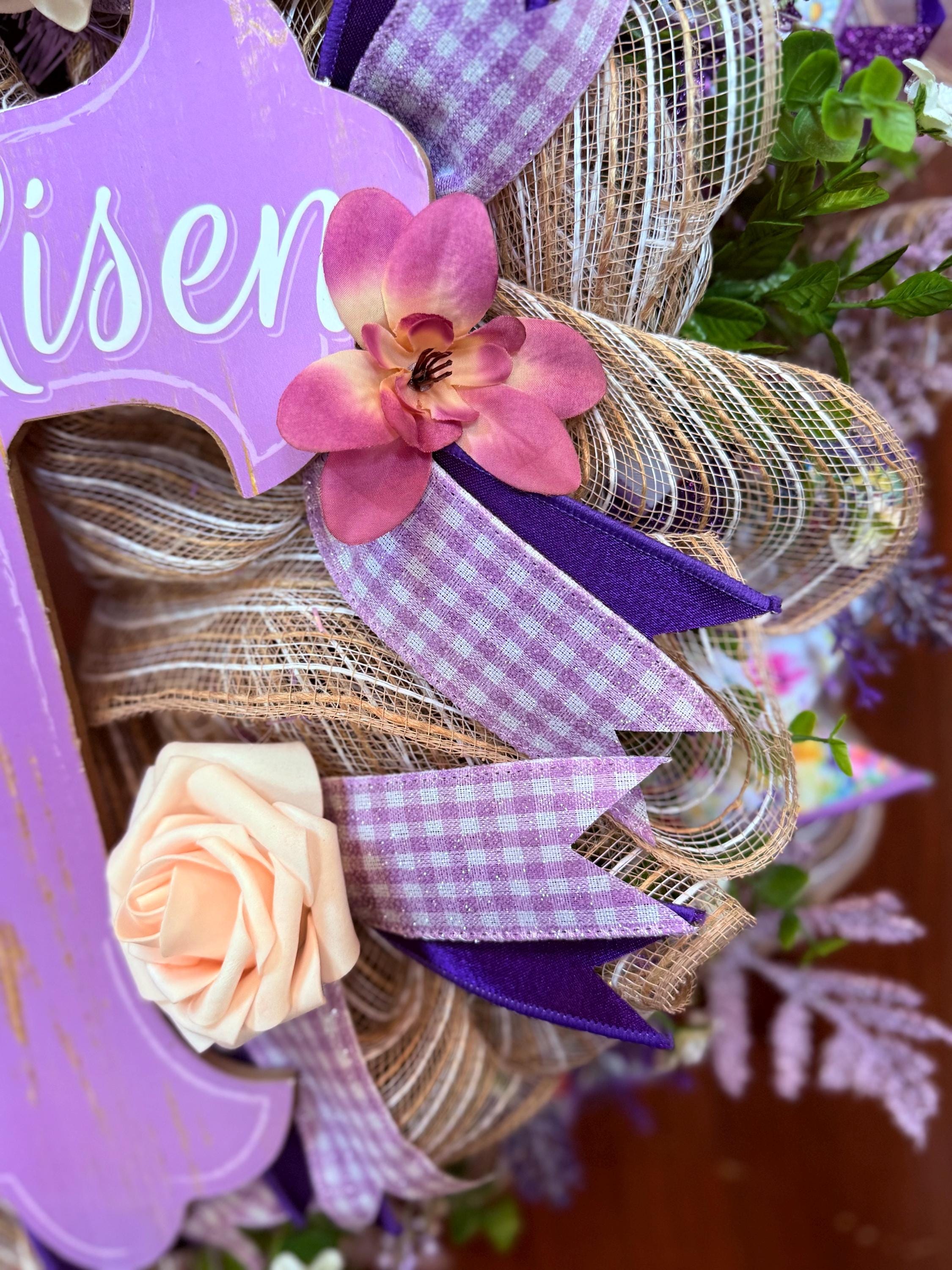 He Is Risen Cross Wreath, Purple Christian Easter Door Decor