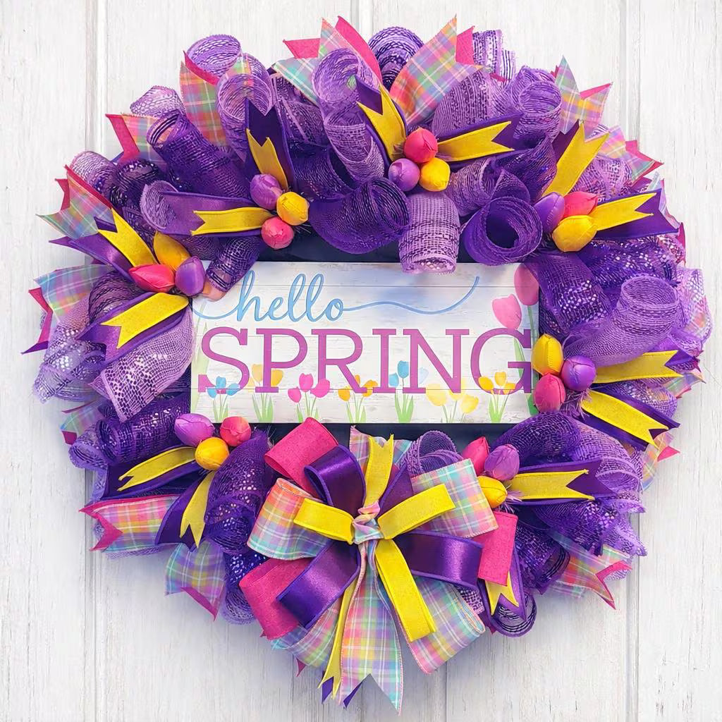 Purple Tulip Spring Wreath | Hello Spring Door Decor